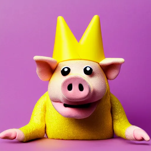 Image similar to studio photograph of a smiling pig depicted as a muppet wearing a gold crown eating from a snack bag with a yellow background, front view