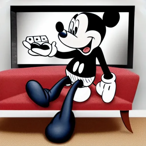 Prompt: mickey mouse sitting in couch and watching tv in 30s disney style