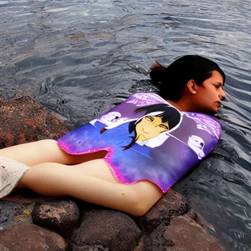 Prompt: an anime body pillow floating in the Ganges