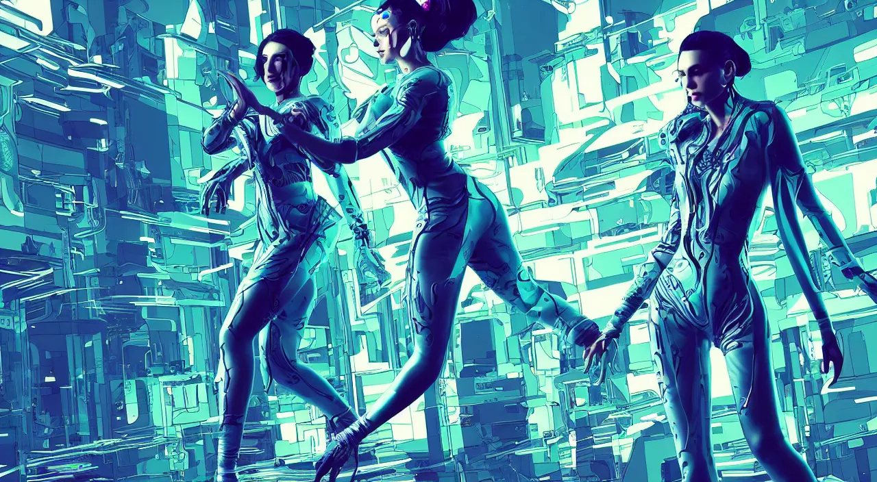 Image similar to a dancer wears futuristic clothes dances in a swirling wind by josan gonzalez, style of cyberpunk 2 0 7 7, trending on artstation