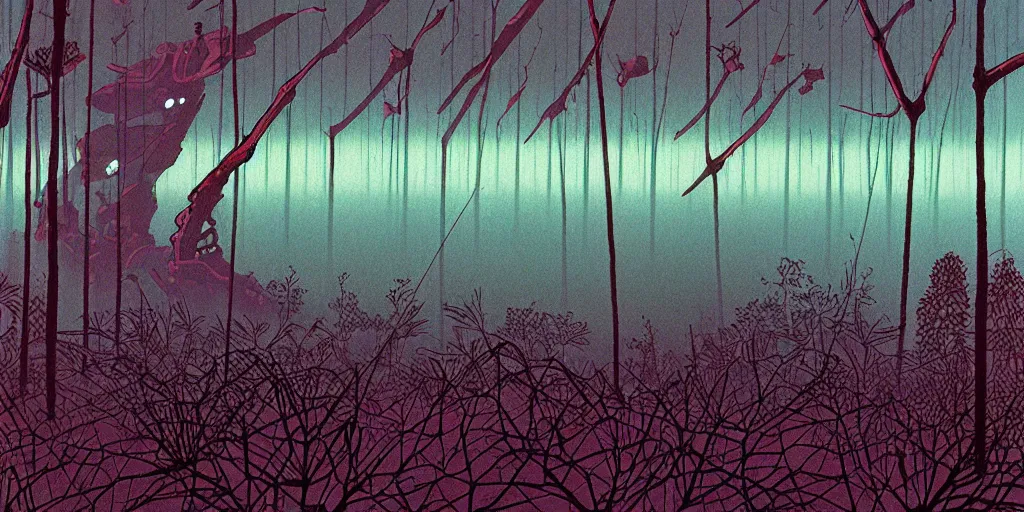 Prompt: grainy risograph matte painting, gigantic huge evangelion - like giant robot covered with wounds, black, a lot of exotic vegetation, trees, flowers, tall grass, pastel matte colors, staying in the foggy huge dark night forest covered with web and cotton and a lot of glow - worms, by moebius, hyperrealism, intricate detailed