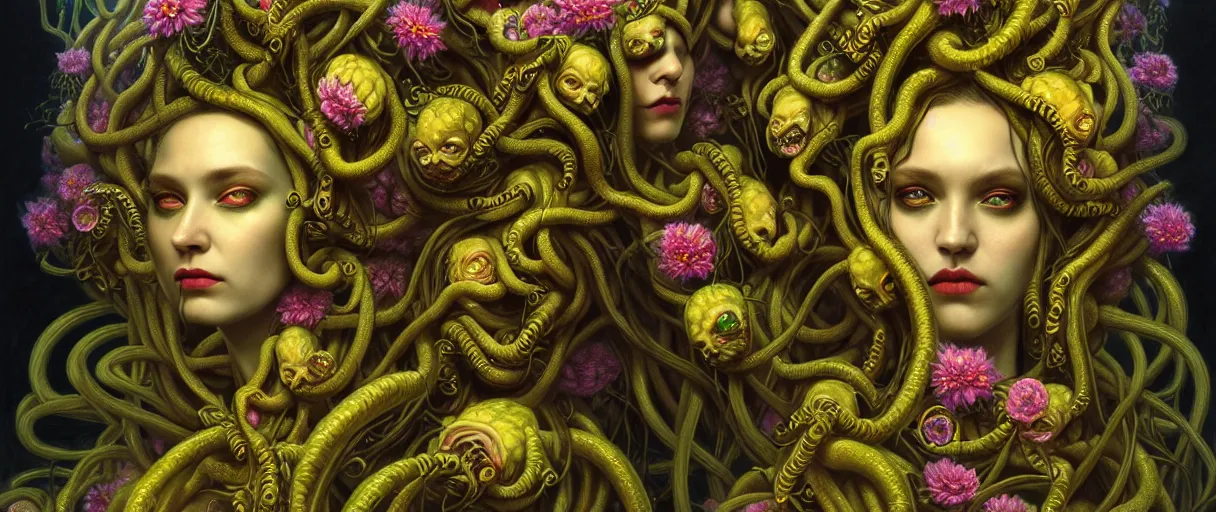 Prompt: hyperrealistic hyper detailed neo-surreal 35mm portrait of gothic cyborg medusa with multiple heads covered in flowers matte painting concept art hannah yata dali very dramatic yellow lighting low angle hd 8k sharp shallow depth of field