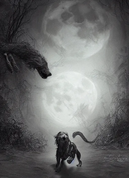 Image similar to a dachshund werewolf transforming under a full moon, dark colors, sinister atmosphere, dramatic lighting, cinematic, establishing shot, extremely high detail, photo realistic, cinematic lighting, pen and ink, intricate line drawings, by Yoshitaka Amano, Ruan Jia, Kentaro Miura, Artgerm, post processed, concept art, artstation, matte painting, style by eddie mendoza, raphael lacoste, alex ross