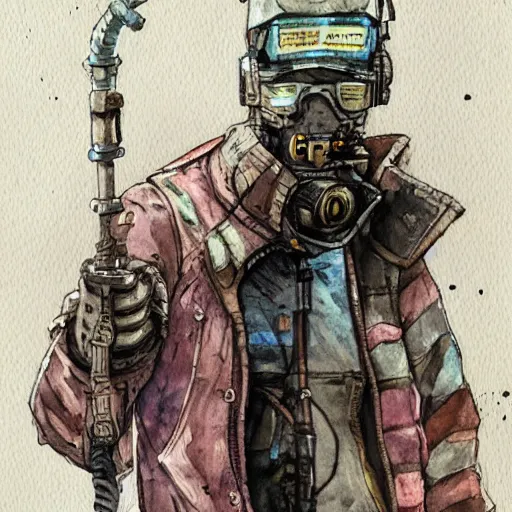 Prompt: watercolor of a cyberpunk mechanic in the style of Ashley Wood and Moebius