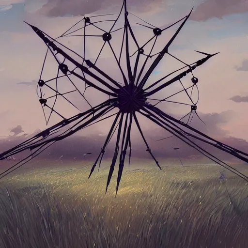 Prompt: a strandbeest in the middle of a field. landscape, concept art, in the style of wlop, rossdraws, ghibli, digital art, artstation trending