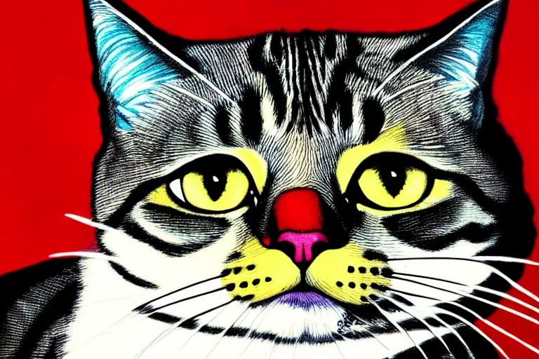 Image similar to color sketch of cat portrait, highly detailed, dramatic lighting, intense shadows, rich deep colours, by roy lichtenstein