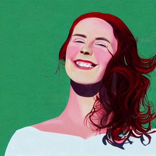 Image similar to a smiling woman with red hair, green eyes, dimples, and rosy cheeks, digital art