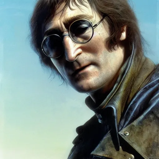 Image similar to john lennon as a mad max villain, ultra realistic, concept art, intricate details, highly detailed, photorealistic, octane render, 8 k, unreal engine, art by frank frazetta, simon bisley, brom