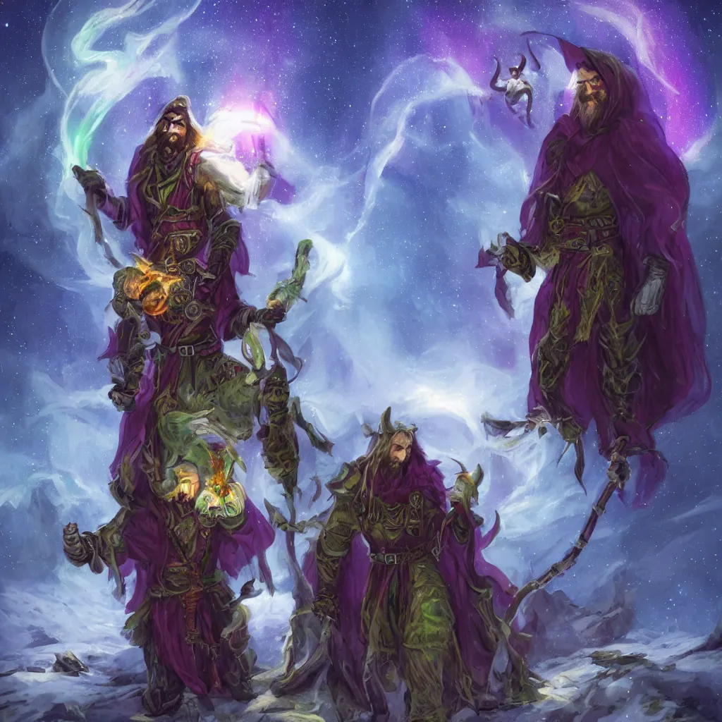 Image similar to dungeons and dragons, realistic,full body long hair goatee warlock with pet imp, magic aura, northern lights