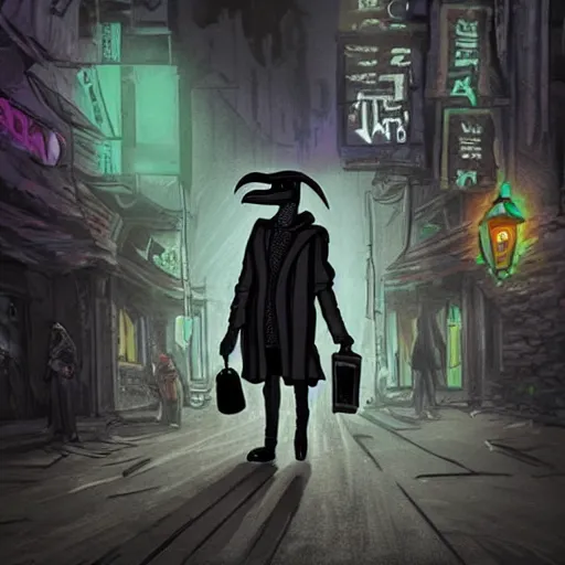 Prompt: a plague doctor walks through a cyberpunk city, dark atmosphere, detailed, vibrant Colors