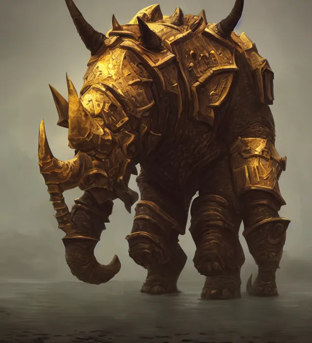 Image similar to a well rendered anthropomorphic rhinoceros portrait, world of Warcraft armor, subject in the center of the frame, rule of thirds, golden ratio, cyberpunk, elegant, digital painting, octane 4k render, zbrush, hyperrealistic, artstation, concept art, smooth, sharp focus, illustration from DnD by Ruan Jia and Mandy Jurgens and Artgerm and William-Adolphe Bouguerea