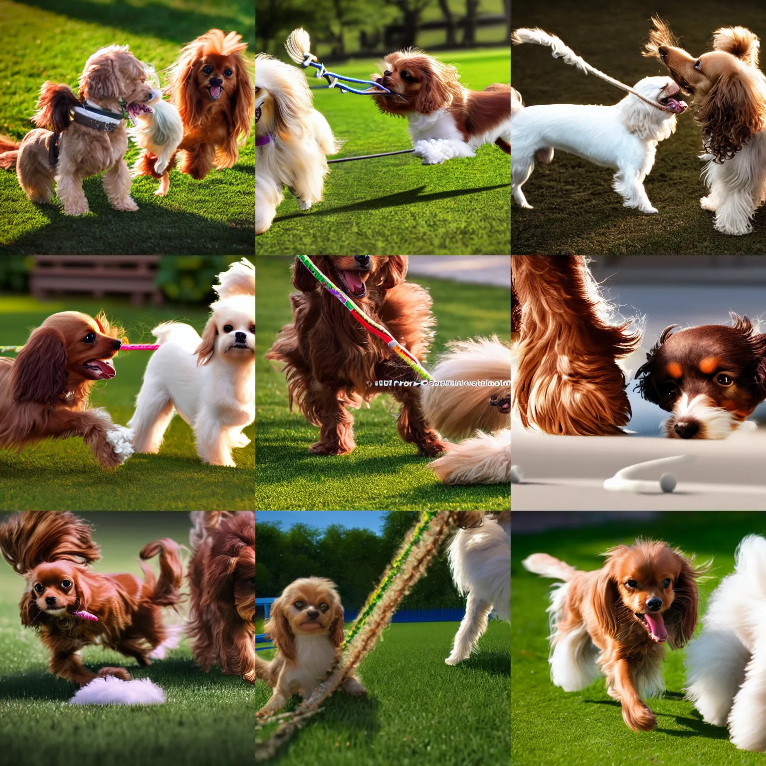 Prompt: a photorealistic closeup image of a cute brown colored long haired chihuahua cocker spaniel dog playing tug of war with a happy white bichon frise dog at the park. brightly lit. extreme detail. 4 k hd unreal engine