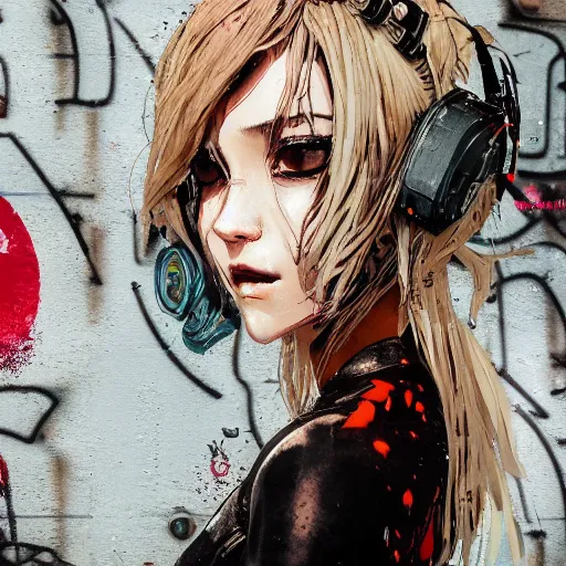 Prompt: highly detailed portrait of a young post-cyberpunk lady with wavy blonde hair, by Dustin Nguyen, Akihiko Yoshida, Greg Tocchini, Greg Rutkowski, Cliff Chiang, 4k resolution, nier:automata inspired, bravely default inspired, vibrant but dreary red, brown, black and white color scheme!!! ((Graffiti wall background))