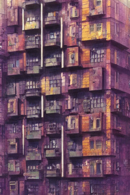 Prompt: cyberpunk, an estate agent listing photo, external view of a block of flats in the UK, by Paul Lehr