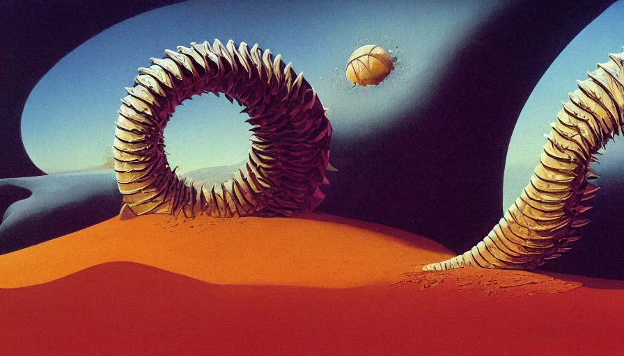 Image similar to a giant sandworm bursting out of the sand on a mountainous desert planet, by roger dean, by dean ellis, by moebius, oil on canvas, highly detailed, soft lighting