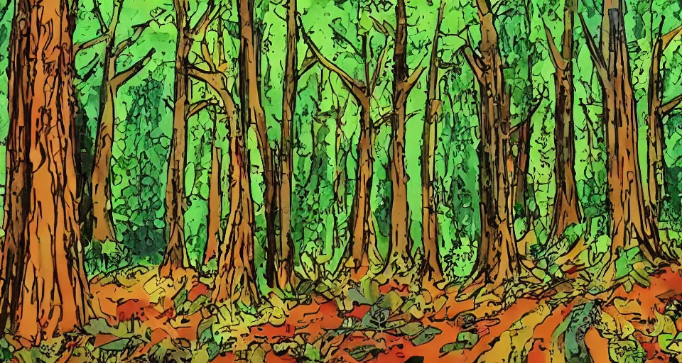 Image similar to a forest in france in the style of uderzo