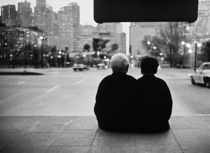 Image similar to a 2 8 mm macro photo from behind of an elderly couple sitting watching the city in silhouette in the 1 9 7 0 s, bokeh, canon 5 0 mm, cinematic lighting, dramatic, film, photography, golden hour, depth of field, award - winning, 3 5 mm film grain, low angle