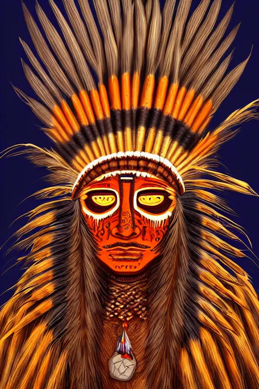 Image similar to a native american with orange glowing eyes, made out of corn, highly detailed, digital art, sharp focus, trending on art station, american indian headdress, anime art style