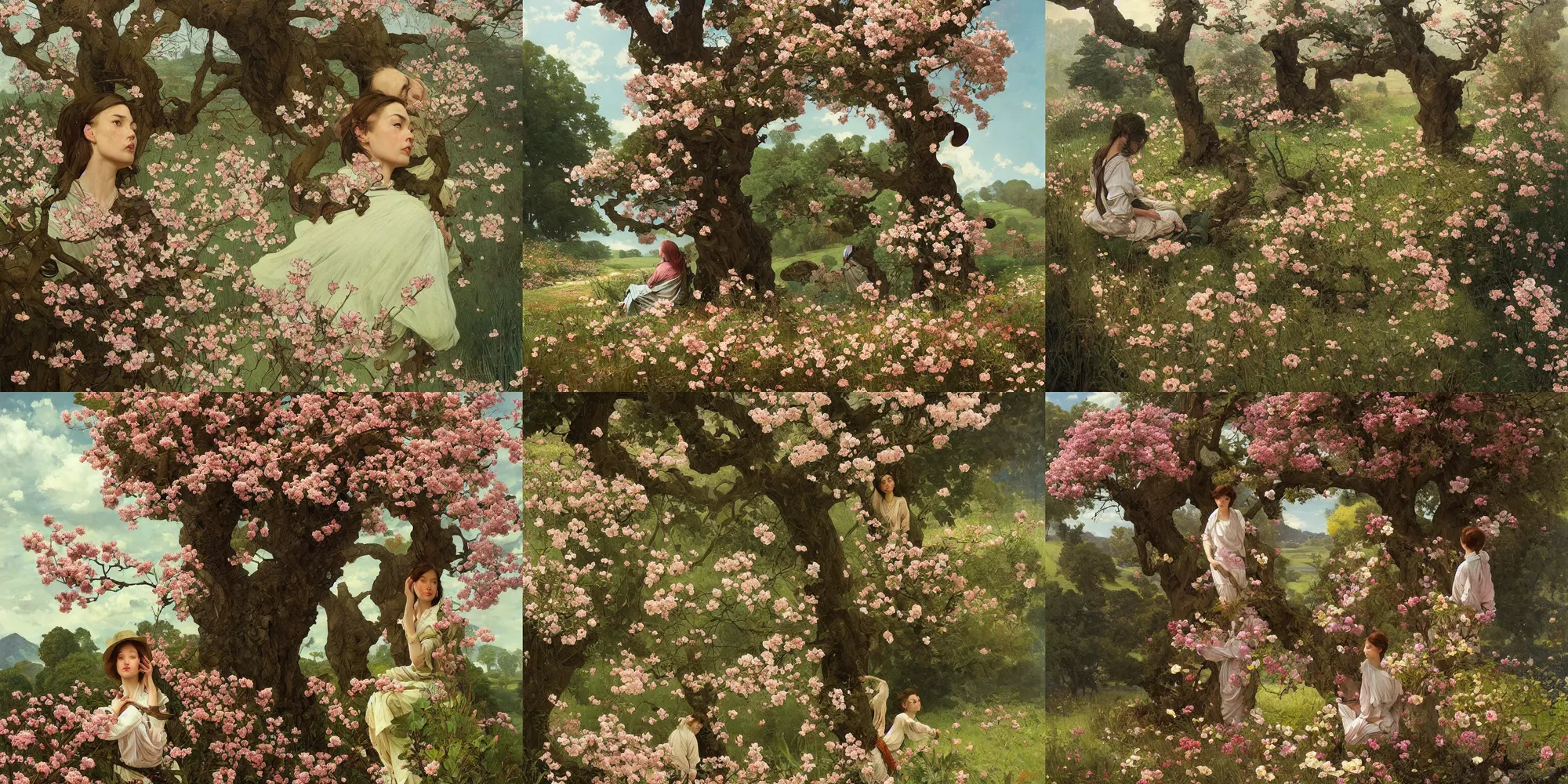 Prompt: an inhabited valley with tree in flower. wind blowing petals. full - length, oil painting in a modern style, very detailed, painted by caravaggio, greg rutkowski, sachin teng, thomas kindkade, alphonse mucha, norman rockwell, tom bagshaw.