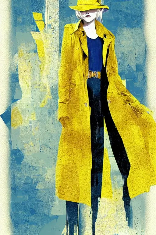 Image similar to Dakota Fanning with short blue hair wearing a yellow trenchcoat by Dave McKean