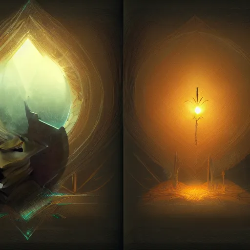 Image similar to light falling on a mythical book in dark background, dark color scheme, artstation