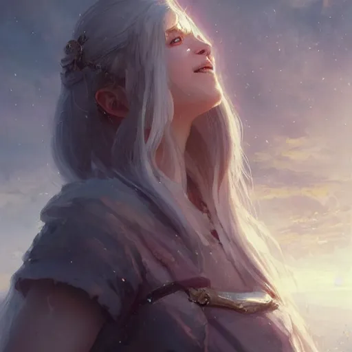 Image similar to a portrait of a beautiful smiling lady with adorable eyes, pretty eyes, beautiful eyes, looking up onto the sky, smiling, art of wlop and greg rutkowski, epic fantasy art, bright light masterpiece, ray of light through white hair