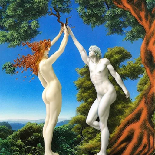 Prompt: Apollo and Daphne embrace in sacred union under a fig tree, painting by Hajime Sorayama
