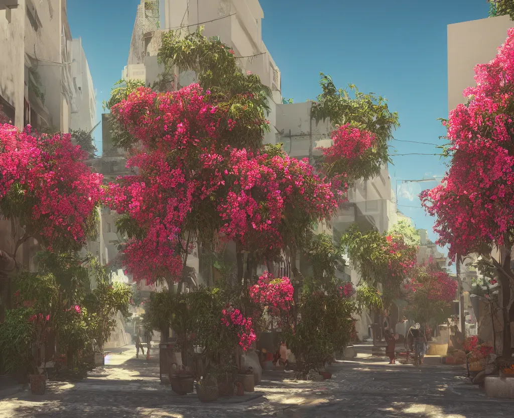 Prompt: a very beautiful scene, vfx render, small street in tel aviv, busy, shops, bauhaus, sunlight, happy, bougainvillea, hyperrealistic, 4 k. lovely scene. art. unreal engine.