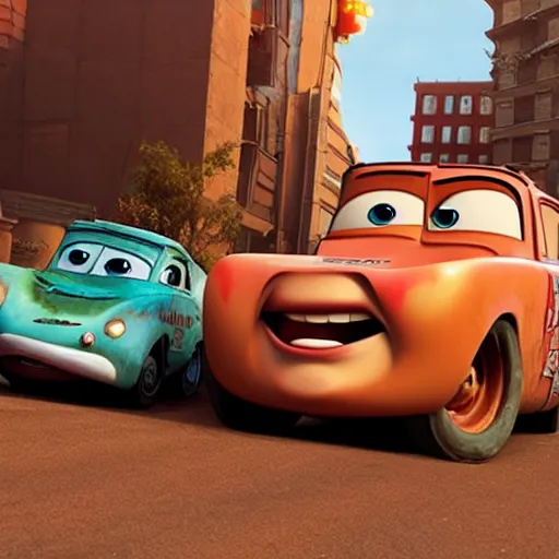 Prompt: mater from cars driving into a building, rubble, disney pixars cars, mater, unreal engine 5