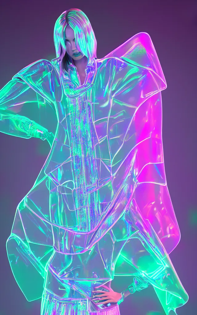 Image similar to transparent sportive poncho, holographic plastic, pearl shine translucency, fashion design, neon illumination, qr detailed sleeves, sport photoshoot, music festival style, digital art, highly detailed, character design, artstation, concept art