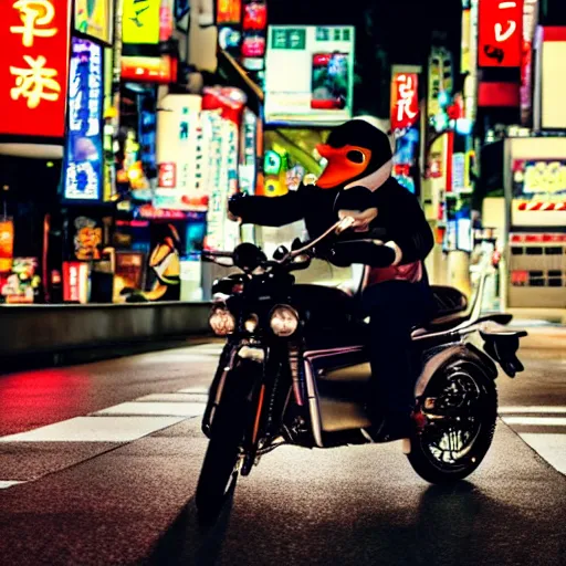 Image similar to duck driving a motorcycle through tokyo at night