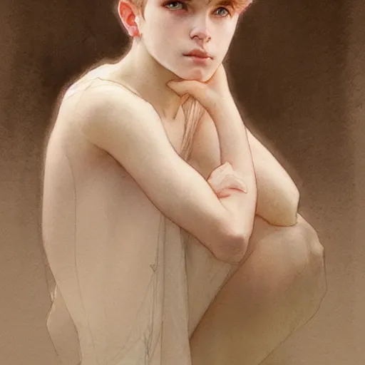 Image similar to young boy, short pink hair, light eyes, gorgeous, amazing, delicate, elegant, intricate, highly detailed, watercolor, portrait, artstation, concept art, sharp focus, illustration, art by artherm and greg rutkowski and alphonse mucha