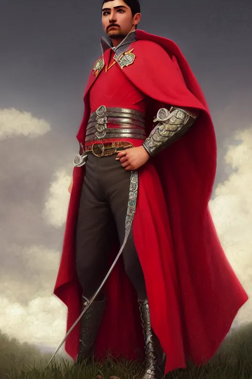 Prompt: a portrait of a hispanic male prince, red cape, illustration, soft lighting, soft details, painting oil on canvas by Edmund Blair Leighton and Charlie Bowater octane render trending on artstation d&d characters, 4k, 8k, HD