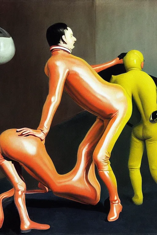 Prompt: fetish game, a man in a latex horse suit sits astride a man in an astronaut suit, hauntingly surreal, highly detailed painting by francis bacon, edward hopper, adrian ghenie, gerhard richter, and james jean soft light 4 k,