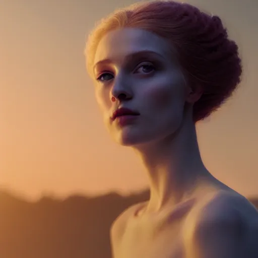 Image similar to photographic portrait of a stunningly beautiful english renaissance female in soft dreamy light at sunset, beside the river, soft focus, contemporary fashion shoot, in a denis villeneuve and tim burton movie, by edward robert hughes, annie leibovitz and steve mccurry, david lazar, jimmy nelsson, extremely detailed, breathtaking, hyperrealistic, perfect face, octane render