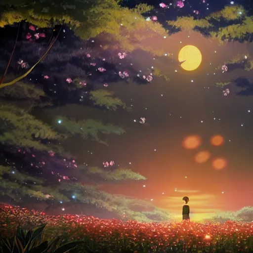 Image similar to spirit creature in the flowers at night made by studio ghibli, beautiful scene, detailed, high quality, high details, smooth, 8 k, fantasy,