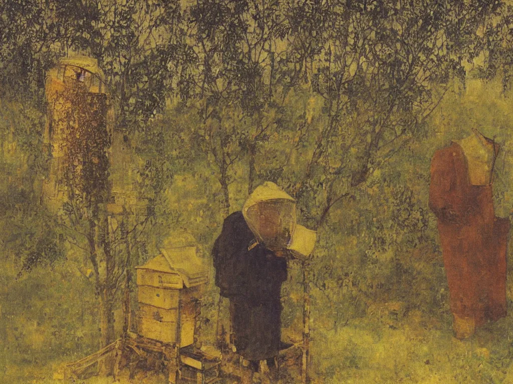 Prompt: painting by mikalojus konstantinas ciurlionis, bosch. portrait of a man in beekeeping suit. landscape with castle