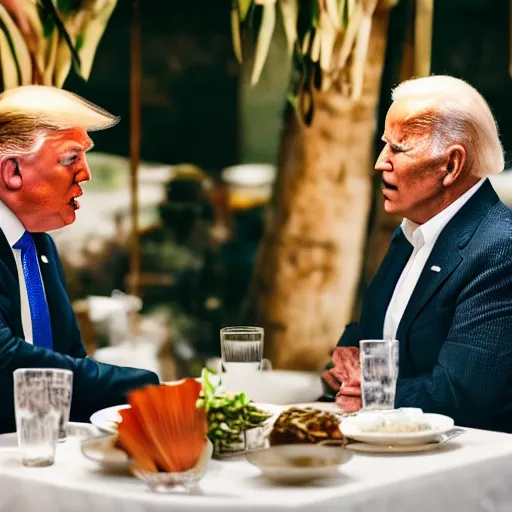 Image similar to Trump and Biden having dinner at a fancy Balinese restaurant, award winning photography, 85mm, perfect faces