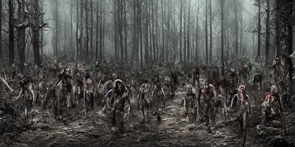 Image similar to a dirt road in a forrest a night with hundreds of zombies rushing toward the viewer, hoard, can't be stopped, hyper detailed, horror movie, volumetric, cinematic