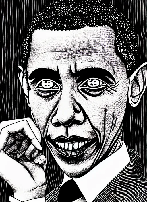 Prompt: junji ito style portrait of barack obama, intricate, highly detailed, illustration, art by junji ito, junji ito