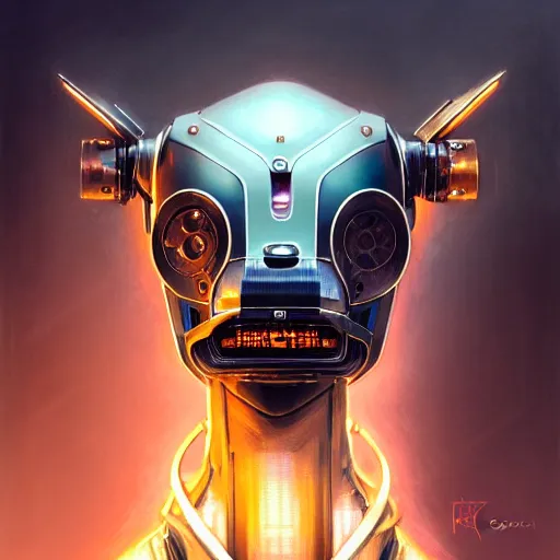 Image similar to low angle portrait shot of a cyberpunk dog robot, intricate, elegant, highly detailed, centered, digital painting, artstation, concept art, smooth, sharp focus, illustration, artgerm, Tomasz Alen Kopera, Peter Mohrbacher, donato giancola, Joseph Christian Leyendecker, WLOP, Boris Vallejo