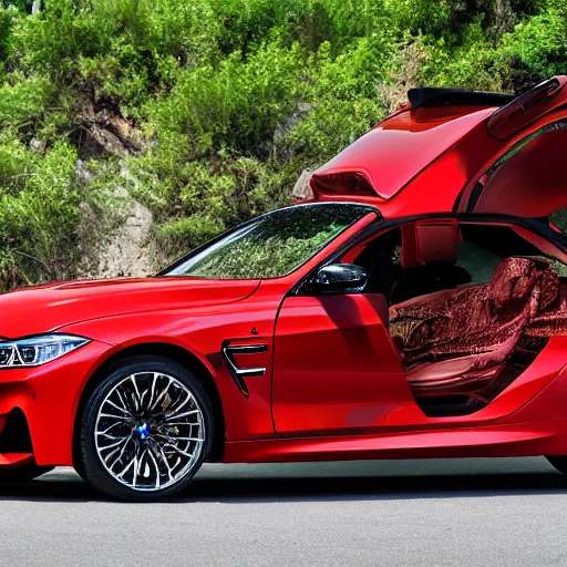 Prompt: a red bmw g 8 0 m 3 upside down and on fire, photograph