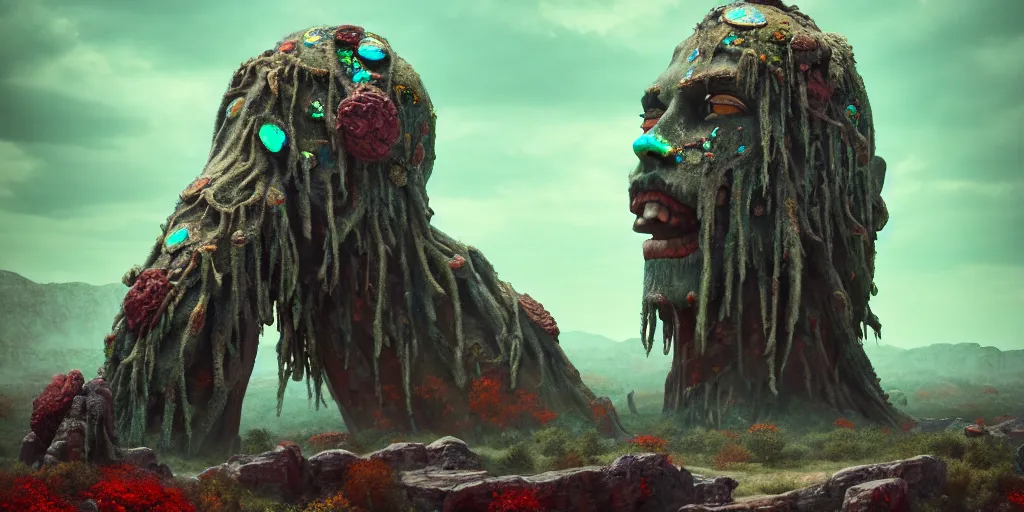 Prompt: ancient giant dead god made entirely of opal in desolate and lush landscape, moody, :: by James Jean, Jeff Koons, Daniel Merrian :: ornate, dynamic, particulate, rich colors, intricate, elegant, highly detailed, centered, artstation, smooth, sharp focus, octane render, 3d