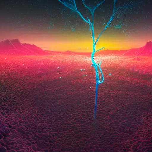 Image similar to Extremely detailed beautiful ultra wide-angle super-resolution microscopy image of micro detailed neurons visible to the horizon, shallow depth of field, photoreal, vivid colors, micro details, chromatic abberation, 8k, 3d sculpture, unreal engine, Dan Mumford