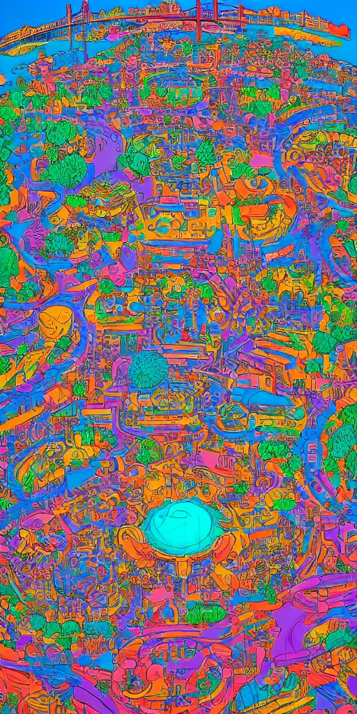 Prompt: outside lands in san francisco by james jean, intricate linework, bright colorful colors, behance contest winner, vanitas, angular, altermodern, unreal engine 5 highly rendered, global illumination, radiant light, detailed and intricate environment