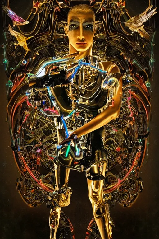 Image similar to full-body bladerunner style sculpture of a young handsome Latino prince as a half cibernetic android with a chest opening exposing circuitry and electric sparks, glowing laser beam eyes, crown of giant diamonds, flowing neon-colored silk, fabric, raptors. baroque elements. full-length view. baroque element. intricate artwork by caravaggio. many many birds birds on background. Trending on artstation, octane render, cinematic lighting from the right, hyper realism, octane render, 8k, depth of field, 3D