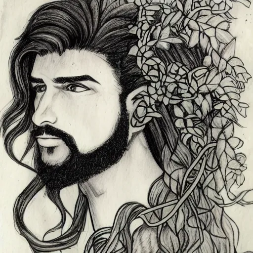 Prompt: male firblog druid with vines as hair flower in his hair detailed drawing