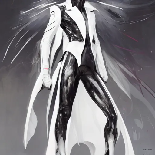 Image similar to full body portrait of a character in sleek clothes, in a futuristic flowing white tailcoat, wearing a white insectoid mask with many lenses for eyes, many eyes, dramatic lighting, illustration by Greg rutkowski, yoji shinkawa, 4k, digital art, concept art, trending on artstation