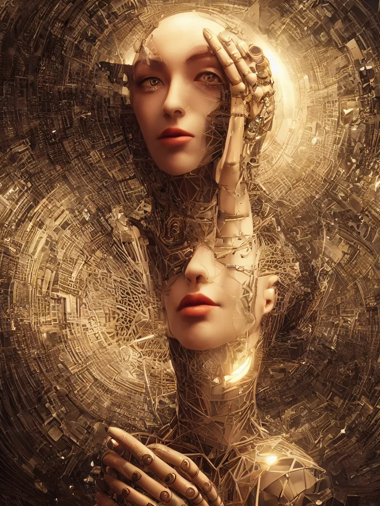 Image similar to a photo of a robotic woman covered in modular synthesizer parts surrounded by sacred geometry made from elven architecture, full body, perfect face, powerful, cinematic, beautifully lit, by artgerm, by karol bak, 3 d, octane render, 8 k