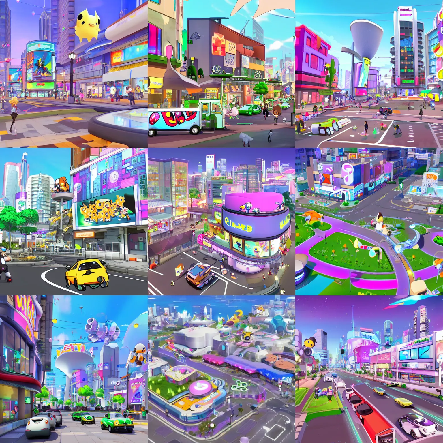 Prompt: a cartoon and cute future urban city, white buildings + colorful decorative + led billboards + brand logo, cute future vehicles, game center, central fountain, cute pokemon walking on the street, cute scene, dokev, ratchet & clank, overwatch, splatoon 3
